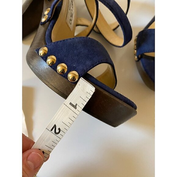 Jimmy Choo Suede Studded Unity Platform Sandals Heels 38 US 8 Blue Gold Strappy - Picture 13 of 16